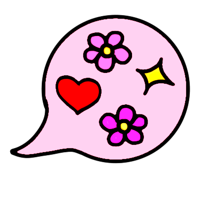 a light pink speech bubble with a love heart, two flowers, and a sparkle in it.